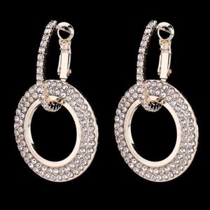 Rose Gold Bling Double Looped CZ Circle Hoops Dangling Earrings NWOT